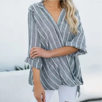 Moteriški Vasaros Mygtuką Prarasti Atsitiktinis Marškinėliai Dryžuotas Lininis Viršūnes Tee