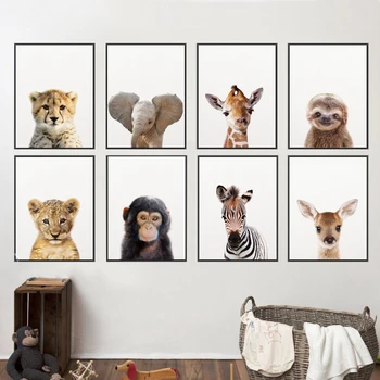 Vaikų Kambario Darželio Sienų Dekoras Liūtas Zebra Dramblys Ir Žirafa Kūdikių Gyvūnų Menas Spausdinti Plakato Safari Gyvūnai Nuotrauką Drobė, Tapyba