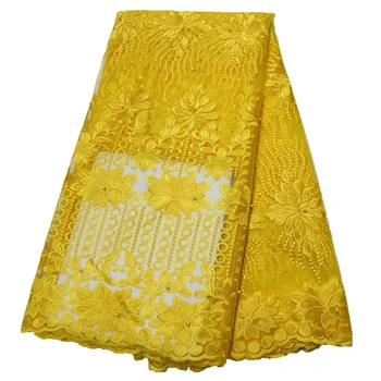 Geltonos spalvos nėrinių audinio afrikos tiulio nėrinių aukštos kokybės išsiuvinėti prancūzijos ju nėriniai moterų suknelė 5yards už vienetą