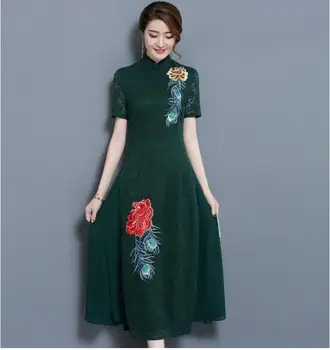 Išsiuvinėti Vietnamas ao dai Nėrinių Cheongsam suknelė Summe Balta Kinų suknelė