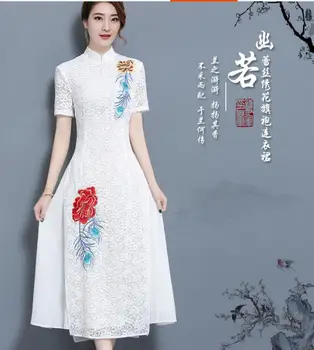 Išsiuvinėti Vietnamas ao dai Nėrinių Cheongsam suknelė Summe Balta Kinų suknelė