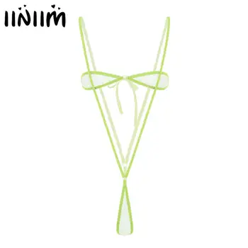 Moterų Erotiniai Micro Mini Vien Nėrinių Bikinis apatinis Trikotažas Nustatyti Crotchless Stebėjimo Kaklaraištis-Vamzdžių Bra Top su Diržu G-String Kelnaičių