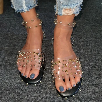 Moterų vasaros sandalai mados kniedės seksualus open-toe flat bateliai, skaidrus kulkšnies sagtis atsitiktinis paplūdimio ponios plius dydžio basutės