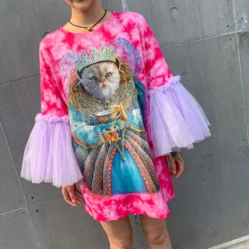 Tailando Banga prekės vasaros moteriški marškinėliai 2019 m. vasarą naujas turtingas katė spausdinti akių susiuvimo saldus ilgai moterų marškinėliai