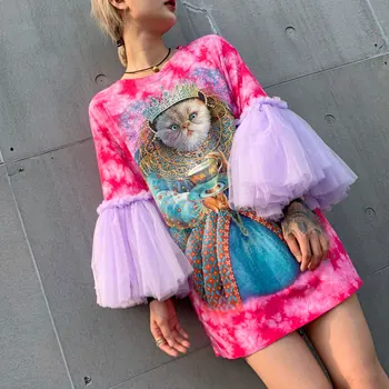 Tailando Banga prekės vasaros moteriški marškinėliai 2019 m. vasarą naujas turtingas katė spausdinti akių susiuvimo saldus ilgai moterų marškinėliai
