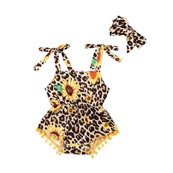 Naujagimio Merginos Leopard Saulėgrąžų Rompers Vasaros Mergaitė Drabužius Raukiniai Rankovių Nėrinių Romper Jumpsuit Kūdikių Mergaičių Komplektai