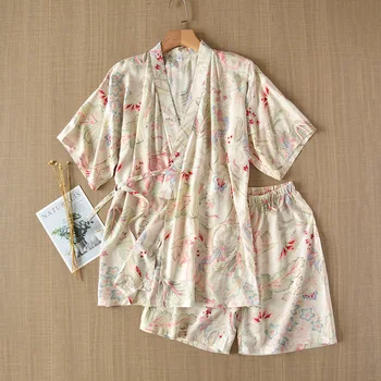 Japoniško stiliaus kimono trumparankoviai šortai vasarą ponios pižama kostiumas medvilnės namų paslauga kostiumas pižama moterims, rožinė pižama kostiumas