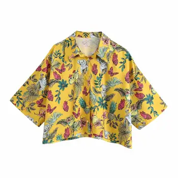 2020 NAUJĄ Pavasario Moterys 2 vienetų Komplektas geltona spausdinimo trumpas Rankovės turn-žemyn apykaklės marškinėliai šortai Kostiumas moterų mados drabužius