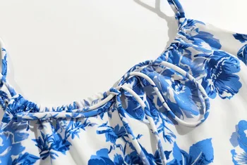 Seksualus Prancūzijos Mėlynos Spalvos Gėlių Spausdinti Spageti Dirželis Moterų Mini Suknelė Atgal Užtrauktuką Kryžiaus Jungiamąją Iki Antkaklio Kilpos Atostogų Suknelės