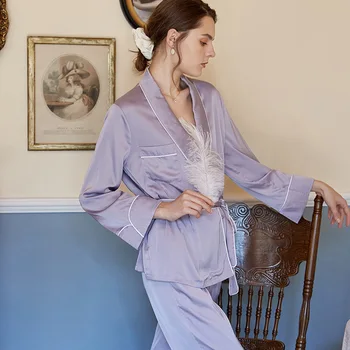 Naujas Šilko Pižama Moterų prancūzijos Atvartas Raišteliu Kontrasto Spalvų Dviejų dalių Mados Namų Kostiumas Pyjama Femme Seksualus Kawaii Pajama
