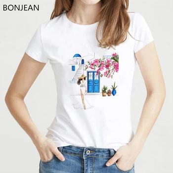 Animacinių filmų, Mados Iliustracija marškinėliai elegantiškas moteris namas pilis gėlių spausdinti marškinėliai, femme 