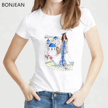 Animacinių filmų, Mados Iliustracija marškinėliai elegantiškas moteris namas pilis gėlių spausdinti marškinėliai, femme 