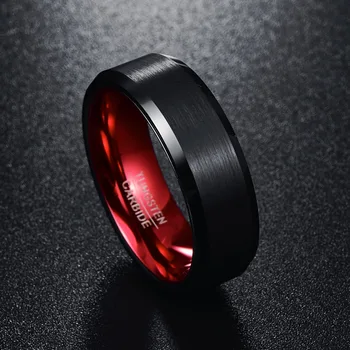 JQUEEN 8mm Volframo Karbido Žiedas Juoda Butas Matinis Paviršius Raudona Vidinis Žiedas, Volframo Plieno Žiedas Vyrų Vestuvių Juostoje Žiedas Comfort Fit