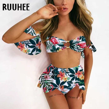RUUHEE Pynimas Bikini Komplektas Seksualių Moterų maudymosi kostiumėlį Off Peties Bikini Aukšto Juosmens maudymosi Kostiumėliai, trumpomis Rankovėmis Maudymosi Kostiumas, Paplūdimio Biquini