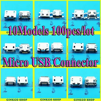 10Models,100vnt iš viso Micro USB 5Pin lizdas uodega sockect, Micro Usb Jungties prievadą sockect samsung
