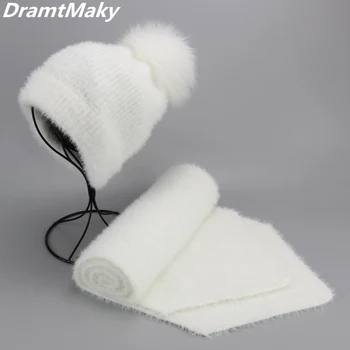 Dirbtinių audinių kašmyras Moterų, Vaikų Žiemos skrybėlę, šaliką nustatyti Nekilnojamojo Fox Fur Pp Pp Kamuolys Bžūp Išlaikyti Šiltas Beanies Skullies beanie skrybėlių