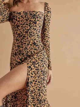 Yinlinhe Leopardas Spausdinti Derliaus Ilga Suknelė Moterims Aikštėje Apykaklės Aukštos Padalinta Pavasarį Suknelė ilgomis Rankovėmis Elastinga Slim Šalis Suknelė 1963