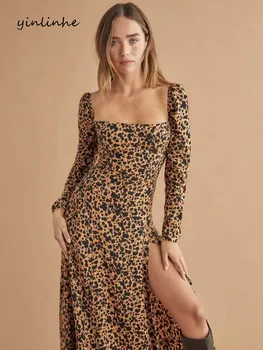 Yinlinhe Leopardas Spausdinti Derliaus Ilga Suknelė Moterims Aikštėje Apykaklės Aukštos Padalinta Pavasarį Suknelė ilgomis Rankovėmis Elastinga Slim Šalis Suknelė 1963