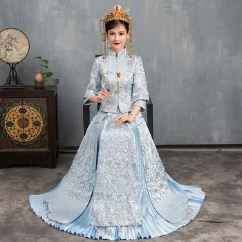 Mėlyna Moterų Siuvinėjimo Vestuvių Qipao Vyrų Kinijos Derliaus Santuokos Cheongsam Kostiumas Gėlių Elegantiškas Azijos Nuotakos Suknelė Suknelė