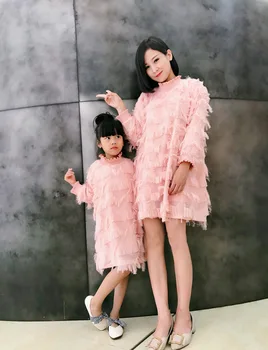 Motina Dukra Elegantiškas Elegantiškas Suknelės Rožinių Plunksnų Dizaino 2019 M. Pavasarį, Vasarą, Apynasrio Suknelės Šeimos Atitikimo Komplektus Drabužių
