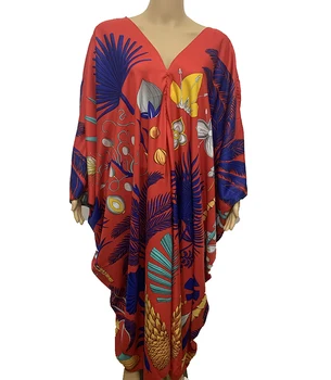 Kuveitas Tradicinių V-kaklo Europos Spausdinti Šilko Kaftan Maxi dress Pilno Ilgio dashiki Afrikos moterų Šalis Boubou suknelė