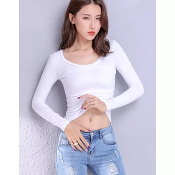 2021 moda mujer camiseta de algodón atsitiktinis spalva sólido manga larga cuello redondo ropa