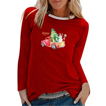 Hillbilly Happye Kalėdų Marškinėliai Kalėdų Sunkvežimių Spausdinti Marškinėliai Moterims Baltos Apvalios Kaklo, Ilgomis Rankovėmis Viršūnes Moterų Drabužiai