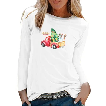 Hillbilly Happye Kalėdų Marškinėliai Kalėdų Sunkvežimių Spausdinti Marškinėliai Moterims Baltos Apvalios Kaklo, Ilgomis Rankovėmis Viršūnes Moterų Drabužiai