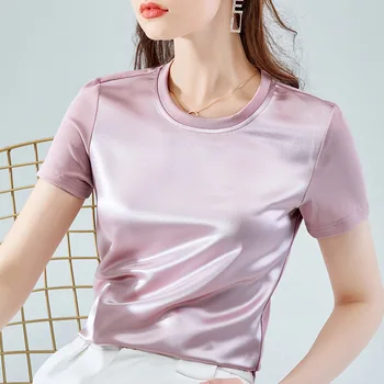 Acetato Satino Tees Moterims Aukštos Kokybės Laisvi marškinėliai Ponios Vasaros korėjos Viršūnes dirbtinio Šilko Marškinėliai 2020 Roupas Feminina