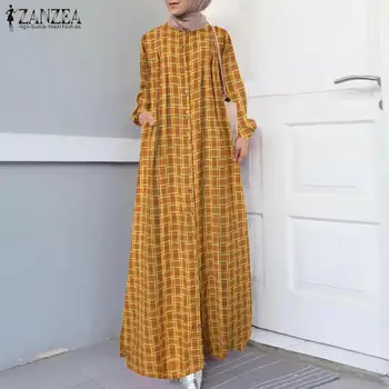 Rudenį Maxi Ilga Suknelė Moterims ilgomis Rankovėmis Mygtukai Sundress ZANZEA Derliaus Hijab Musulmonų Suknelė Atsitiktinis Islamo Drabužių Caftan Skraiste