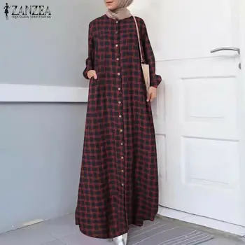 Rudenį Maxi Ilga Suknelė Moterims ilgomis Rankovėmis Mygtukai Sundress ZANZEA Derliaus Hijab Musulmonų Suknelė Atsitiktinis Islamo Drabužių Caftan Skraiste