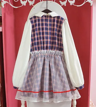 Super Cute Merginos Pledas Patikrinimus Suknelė Ilgomis Rankovėmis Dukart Sluoksnių Volle Lolita Dress