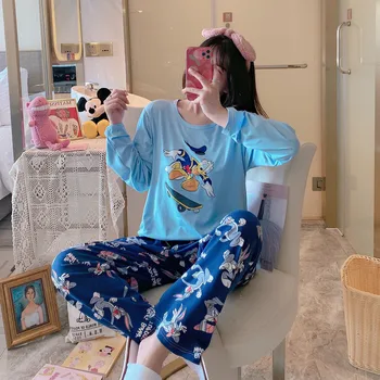 Disney moteris animacinių filmų Mickey Minnie princess spausdinti pavasarį ir rudenį pižama Mergina ilgomis rankovėmis atsitiktinis palaidų pieno šilko kombinezonas