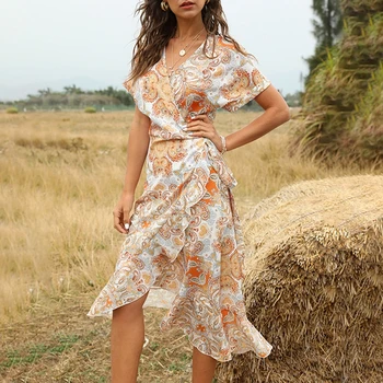 2020 Moterų Vasaros Atsitiktinis Suknelė Moterų V-Kaklo Gėlių Spausdinti Bohemijos Trumpas rankovės Mados Šalis Boho Paplūdimio Maxi Suknelė vestidos
