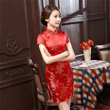 17 Spalvų Satino Kinų Tradicinė Suknelė Moterims Qipao Trumpas Vintage Stiliaus Kinijos Vestuvių Cheongsam S-6XL