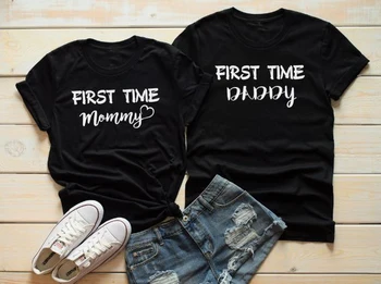 Pirmą Kartą Mama Tėtis Širdį T-Shirt Hipster Šūkis Grafinis Viršūnes Atitikimo Porų Derliaus Tumblr Laišką Camisetas Tees