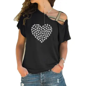 2019 Nauja Mada, T-Marškinėliai Moterims Kišenėje širdis ŠUNS LETENĄ Raidžių Spausdinti Moterų Viršūnių Nereguliarus Nerijos Kryžiaus Tvarstis Tees Moterims