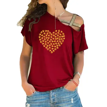 2019 Nauja Mada, T-Marškinėliai Moterims Kišenėje širdis ŠUNS LETENĄ Raidžių Spausdinti Moterų Viršūnių Nereguliarus Nerijos Kryžiaus Tvarstis Tees Moterims
