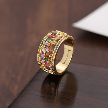 Aukštos kokybės Moterų aukso cz atidaryti žiedas reguliuojamas vaivorykštės žiedas, Vestuviniai žiedai, Įvairiaspalvis kristalų vario žiedas moterims