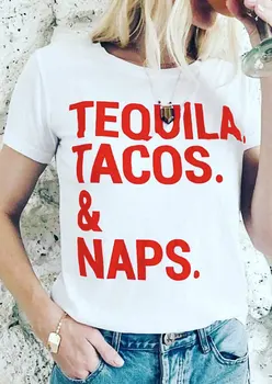 Tekila Tacos & Miega, O-Kaklo T-Shirt gražių moterų mados raudona txt medvilnės tees vasaros camisetas tumblr šūkis goth topai marškinėliai