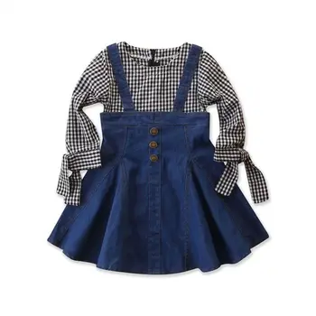 2019 Sweet Baby Girl rudenį aprangą ilgomis Rankovėmis Patikrinti Džinsinio audinio Suknelė mygtuką Pledas Suknelės Princesė Šalis Suknelė