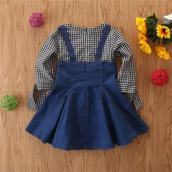 2019 Sweet Baby Girl rudenį aprangą ilgomis Rankovėmis Patikrinti Džinsinio audinio Suknelė mygtuką Pledas Suknelės Princesė Šalis Suknelė