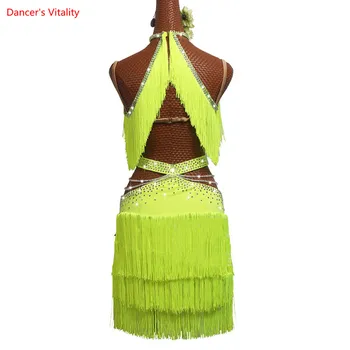 Naujas Lotynų Šokių Suknelė Moterims, Fluorescencinė Geltona Suknelė Kalnų Krištolas Grandinės Veiklos Apranga Merginos Kutas Sijonas Salsa Suknelė