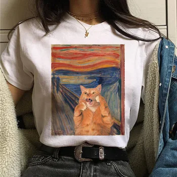 Katinas Van Gogas t-shirt moterų menas spausdinti aliejaus tapybai gražus, mielas, juokingas t-shirt 90-ųjų animacinių filmų ulzzang atsitiktinis top marškinėliai moterims