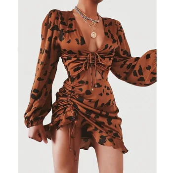 Naujas Mados Žibintų Rankovės Leopard Raišteliu Dizaino Raukiniai Suknelė Seksualus moterų Mini suknelė
