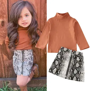 2020 Naujausias Karšto Bamblys Baby Girl ilgomis Rankovėmis Golfo Viršūnės T-shirt +Gyvatės Odos Pieštuku Sijonai Vaikams Komplektus 2vnt Drabužių Rinkinys