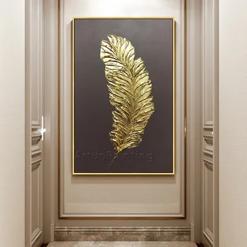 Aukso Skiedra Plunksnų rankomis dažyti aliejus akrilo tapybos Drobės Didelės juodos Sienos Menas Šiuolaikinio abstraktaus Namų Dekoro Kambarį
