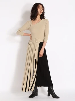 2020 m. rudens ir žiemos Japonijos naujus produktus ploną pasviręs peties nėrinių asimetrinė spalvų atitikimo plisuotos megzti suknelę