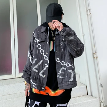 Grafiti Spausdinti Mėlyna Džinsinio audinio Švarkai Streetwear 2020 Metų Hip-Hop Atsitiktinis Punk Rock, Džinsai, Striukės, Paltai Outwear Hipster Viršūnes WQ174