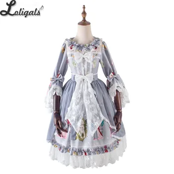 Ada ' s Gėlių ~ Vintage Spausdinti Blyksnius Rankovės Lolita Dress Stebuklinga Arbata Šalis